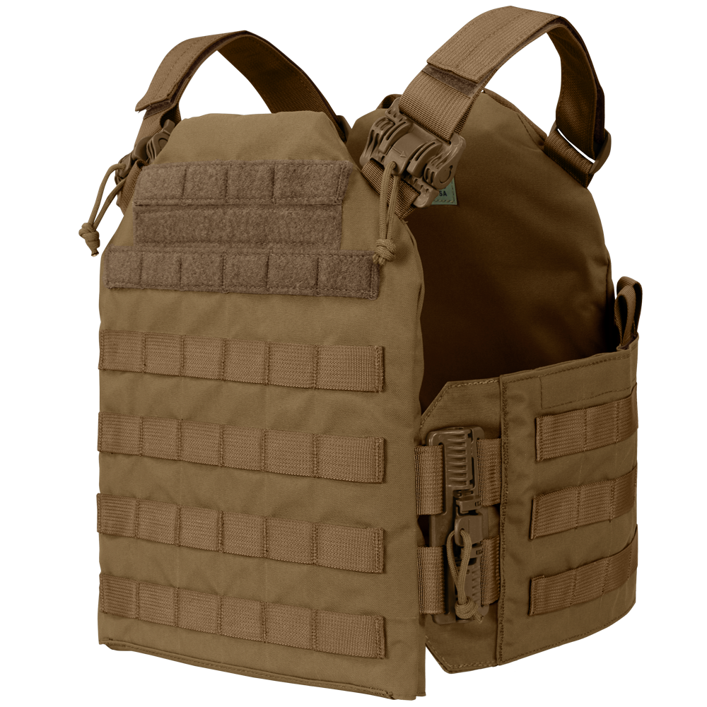 The Condor Cyclone RS Plate Carrier is a tan vest featuring MOLLE webbing, adjustable shoulder straps, Velcro patch area, and quick-release buckles—perfect for military use or EDC at the range. Shown against a plain background.