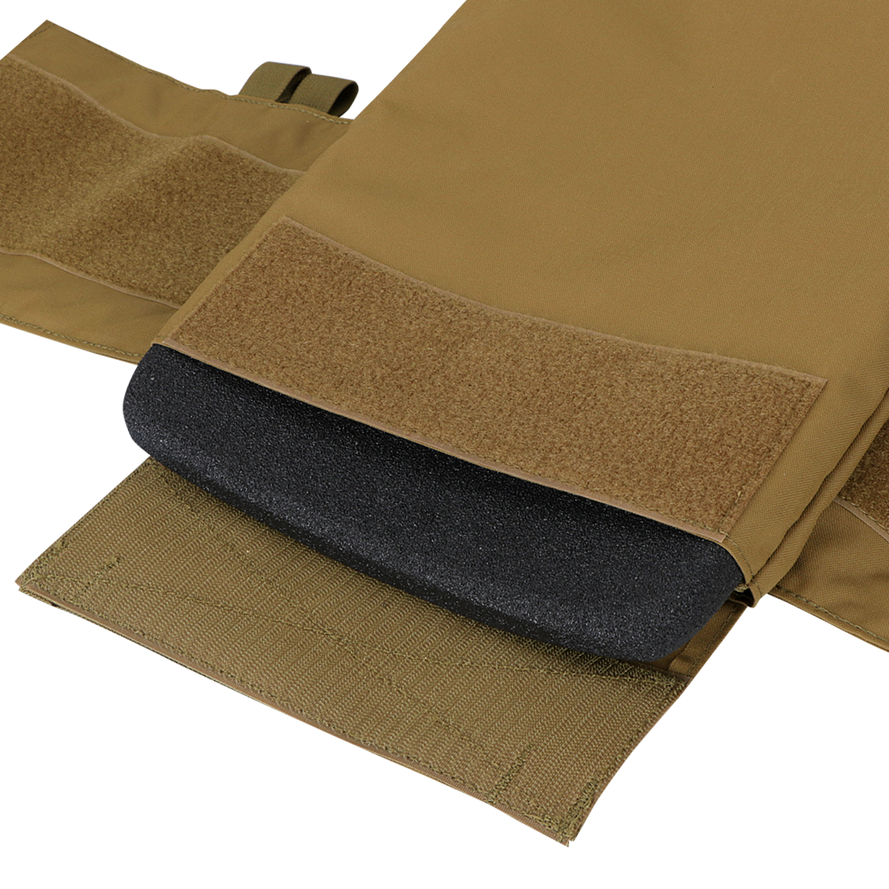 Close-up of the Condor Cyclone RS Plate Carrier in MultiCam, featuring a partially open tan fabric pouch with hook-and-loop fastener, revealing a black foam pad inside.