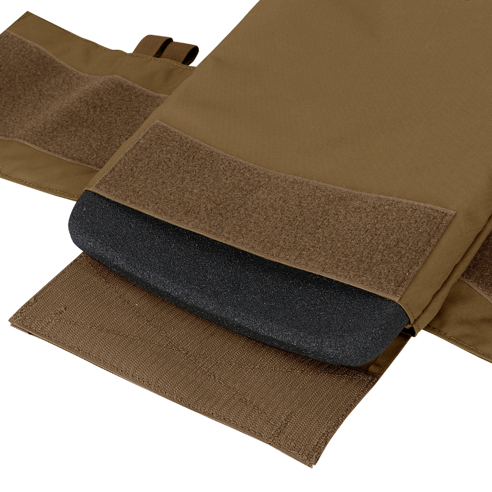 Close-up of the Condor Cyclone RS Plate Carrier in brown fabric, featuring Velcro fasteners and a black protective foam insert—perfect for EDC or shooting range use.