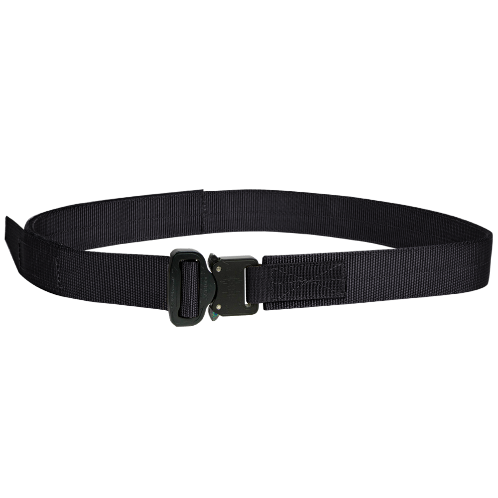 The Condor Hybrid EDC Belt is a black nylon tactical belt with a metal buckle, displayed in a circular shape—perfect for law enforcement and military professionals.