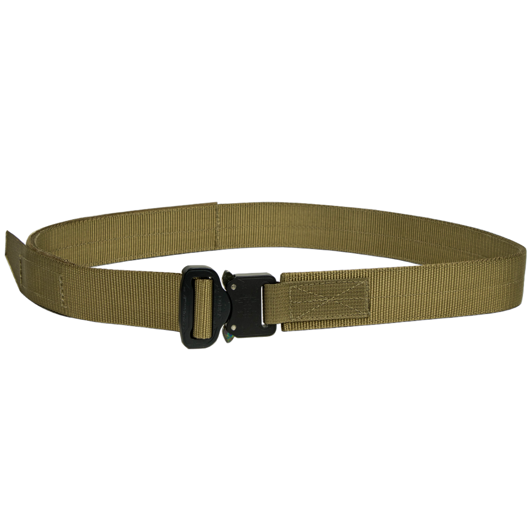 The Condor Hybrid EDC Belt is a tan tactical nylon belt with a black metal buckle, designed for law enforcement and first responders, shown against a white background.