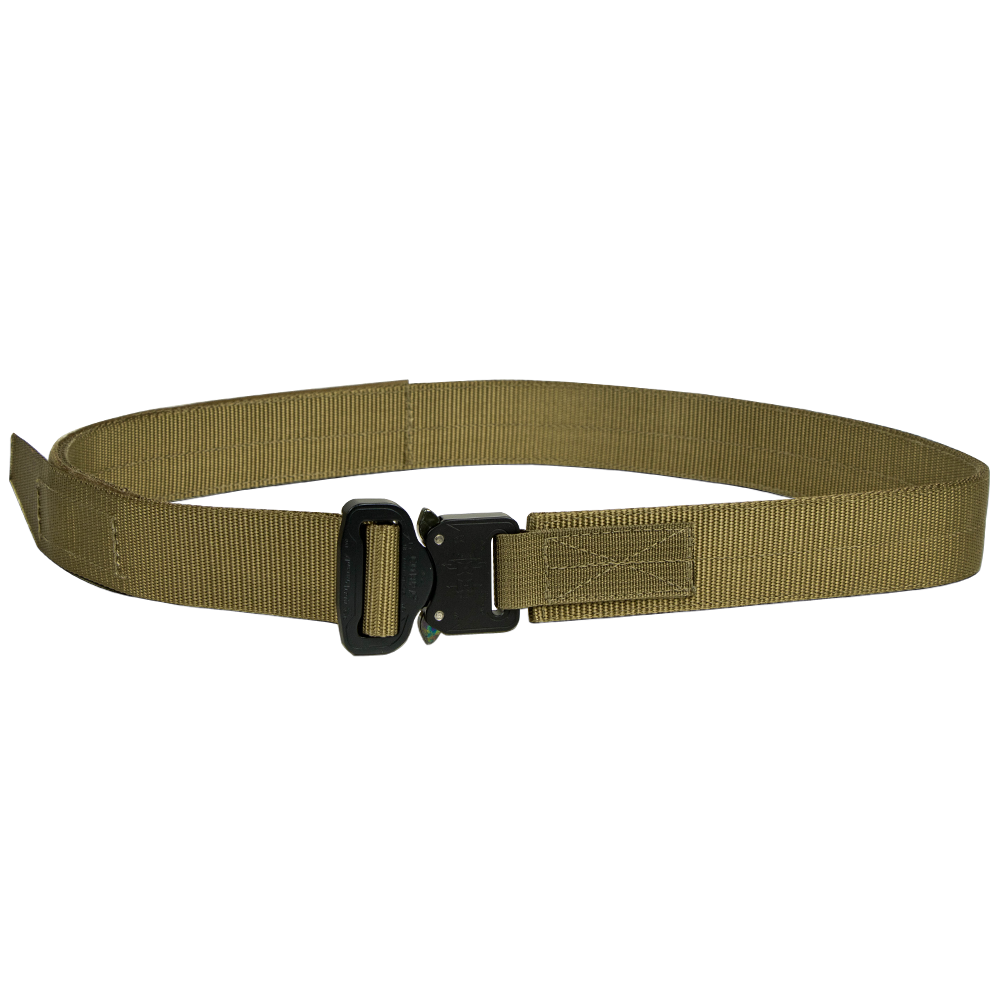 The Condor Hybrid EDC Belt is a tan tactical nylon belt with a black metal buckle, designed for law enforcement and first responders, shown against a white background.