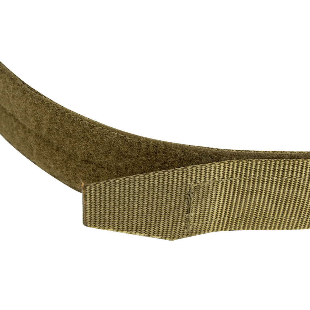 Close-up of the Condor Hybrid EDC Belt in tan or olive green with a hook-and-loop fastener, designed for tactical, military, or law enforcement use, displayed against a matching vertically striped background.