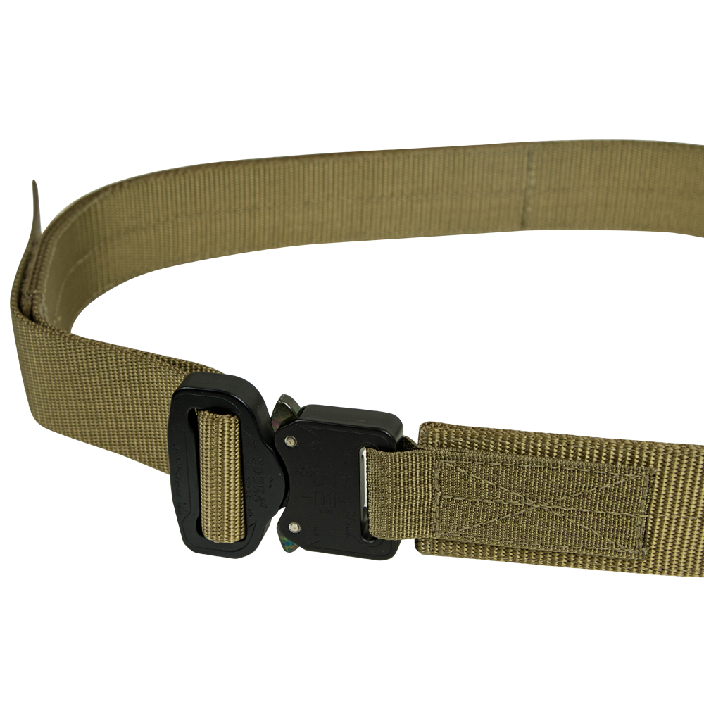 The Condor Hybrid EDC Belt, a tan tactical nylon belt with a black metal quick-release buckle, designed for military and law enforcement use, is shown against a white background.