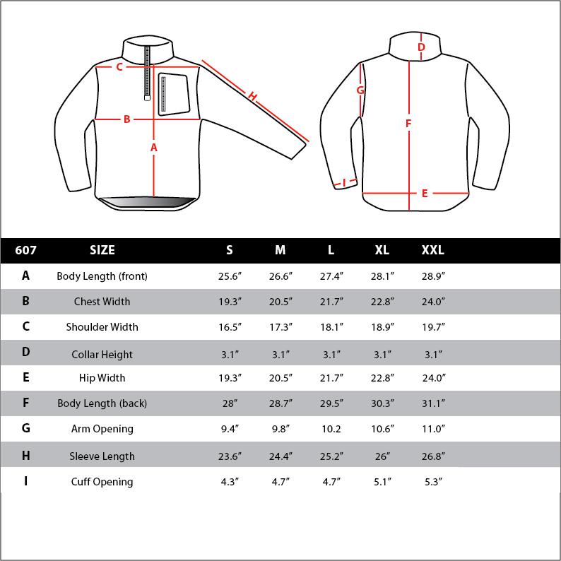 Condor Outdoor Quarter Zip Pullover Size Chart